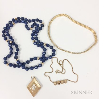 Sodalite and Gold Beaded Necklace, Two 14kt Gold Necklaces, and a 14kt Gold, Enamel, and Gem-set Pendant