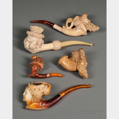 Five Carved Meerschaums Tobacco Pipes and Cheroot Holders