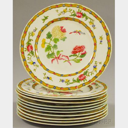 Set of Eleven George Jones & Sons Enamel-decorated Enfield Pattern Porcelain Dinner Plates