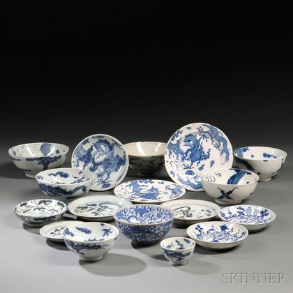 Seventeen Blue and White Tableware Items
