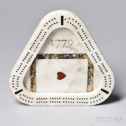 Triangular Carved Inlaid Marble "1779" Cribbage Board