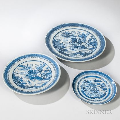 Three Canton Blue and White Plates