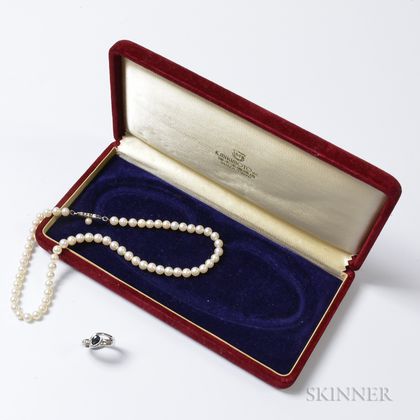 Mikimoto Pearl Necklace and 14kt White Gold, Sapphire, and Diamond Ring