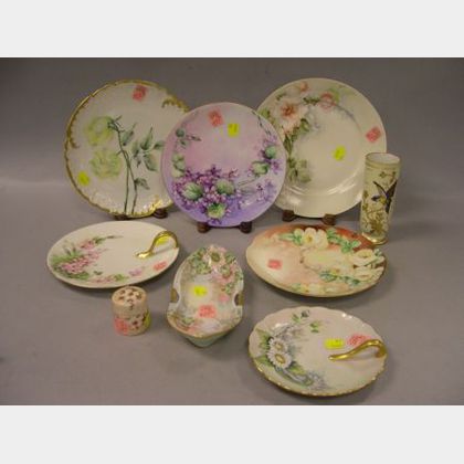 Nine Pieces of Limoges and Bavarian Handpainted Floral Decorated Porcelain