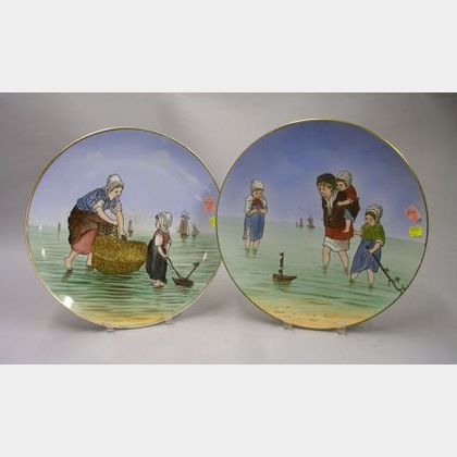 Pair of Villeroy & Boch Transfer and Hand-painted Dutch Shore Scene with Children Decorated Ceramic Plaques