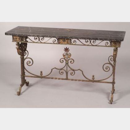 Painted Cast Iron and Marble-top Vanity and Associated Stool