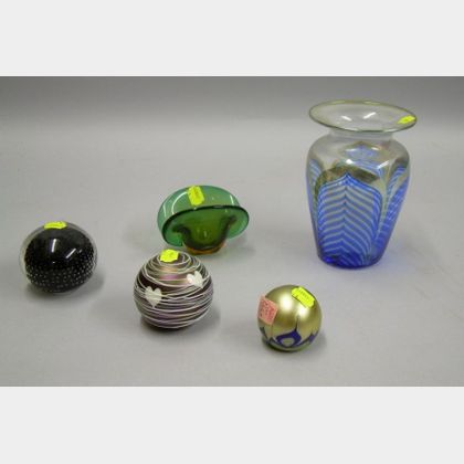 Three Contemporary Art Glass Paperweights, a Small Bowl, and a Vase. 