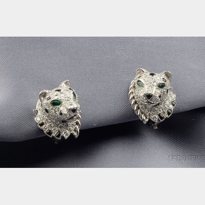 Platinum, Diamond, Onyx, and Emerald Panther Earclips, Cartier, London