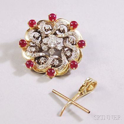 14kt Gold, Diamond, and Cabochon Ruby Brooch