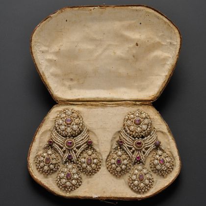 Fine and Rare Pair of Antique Seed Pearl and Ruby Girandole Earpendants