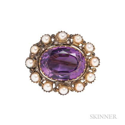 Antique Amethyst, Pearl, and Diamond Brooch
