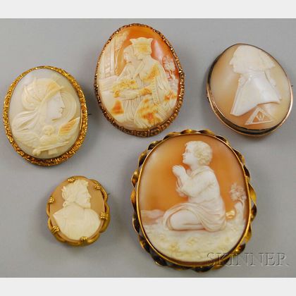 Five Assorted Shell-carved Cameo Brooches
