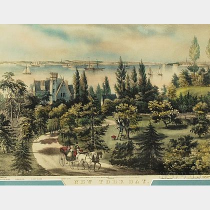 Framed Currier & Ives New York Bay Hand-colored Lithograph