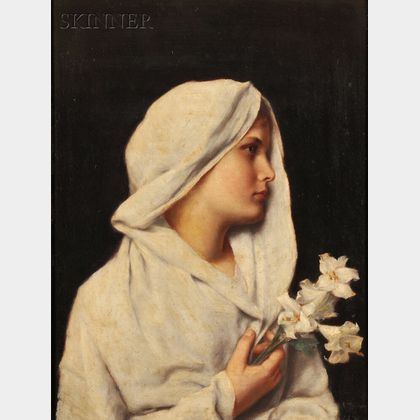 Alfred Seifert (Czech, 1850-1901) Profile of a Young Woman, Draped in White, Holding a Lily