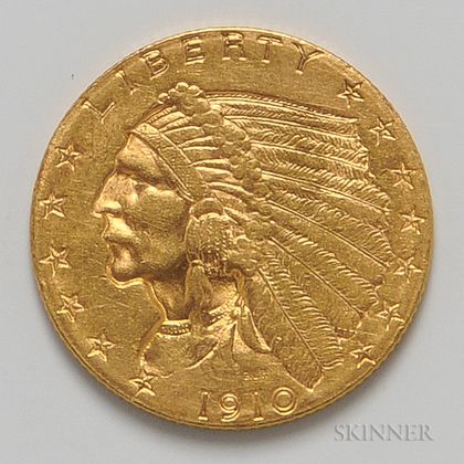 1910 $2.50 Indian Head Gold Coin. Estimate $200-300