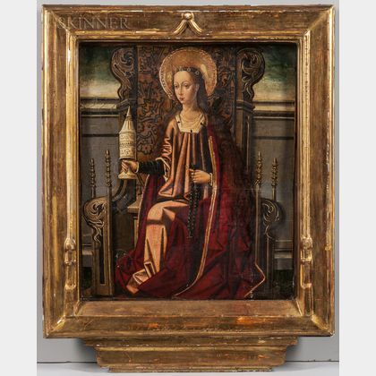 Spanish School-Aragonese, 15th Century Mary Magdalene Enthroned, Holding an Unguent Jar and Rosary