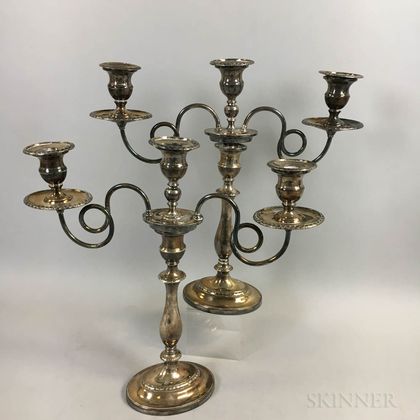 Pair of English Sterling Silver Weighted Three-light Convertible Candelabra. Estimate $300-500