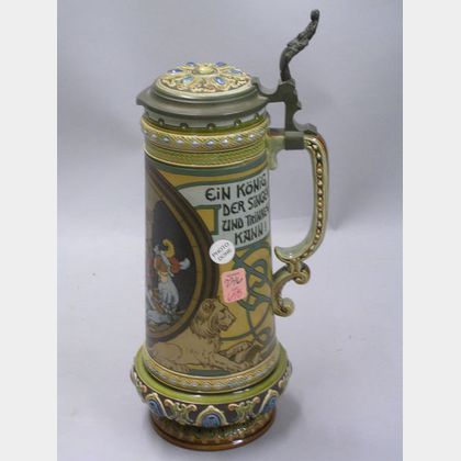 Mettlach Jeweled Etched Men Drinking and Singing Decorated Lidded Stoneware Stein