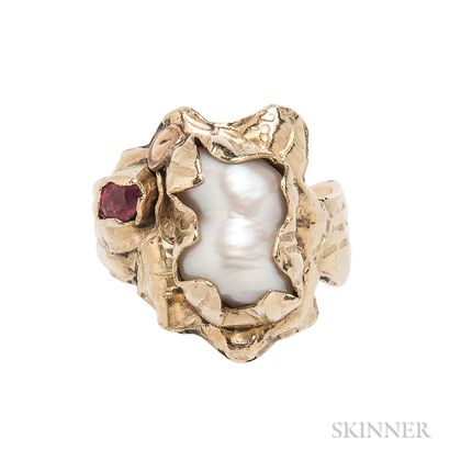 18kt Gold, Cultured Pearl, and Colored Stone Ring, Margaret Barnaby