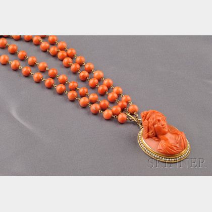 Antique Coral Cameo Pendant Necklace