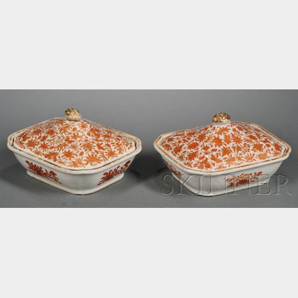 Pair of Orange Sacred Bird and Butterfly Pattern Covered Serving Dishes