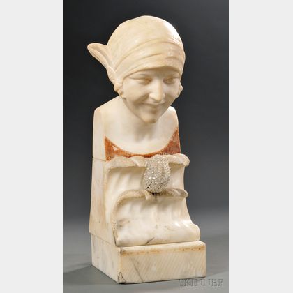 Art Deco Carved Alabaster Illuminated Bust of a Young Woman
