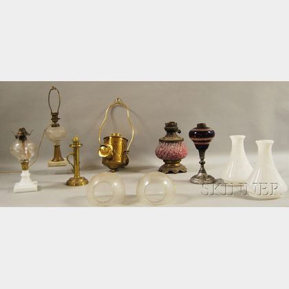 Four 19th Century Glass Oil Lamps, a Brass Candlestick, and Brass Hanging Angle Lamp with Opaque Glass Shade