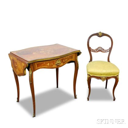 Louis XV-style Ormolu-mounted Walnut and Marquetry Drop-leaf Table and Chair