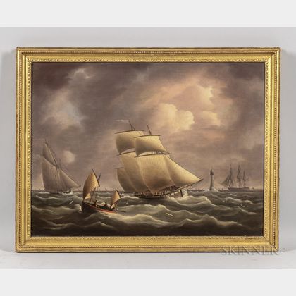 Thomas Buttersworth Jr. (English, 1797-1842) An Armed Customs Cutter Pursuing a Smuggling Lugger off the Eddystone Lighthouse
