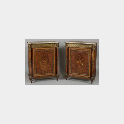 Pair of Louis XVI Style Ormolu Mounted Marquetry Inlaid Tulipwood and Kingwood Marble Top Side Cabinets