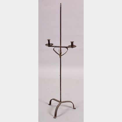 Wrought Iron Candlestand and a Brass Candle Snuff 