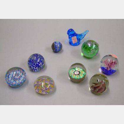 Eight Art Glass Paperweights and an Art Glass Figure. 