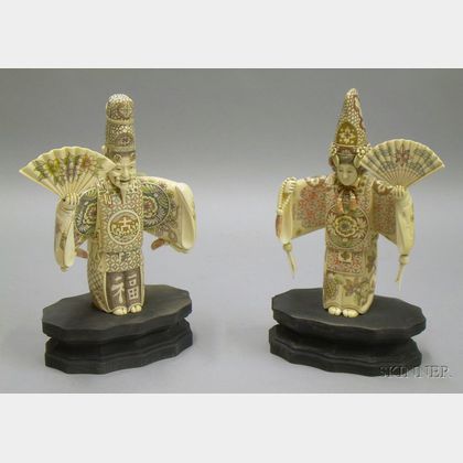 Two Carved and Multicolored Ivory Noh Dancers on Stands