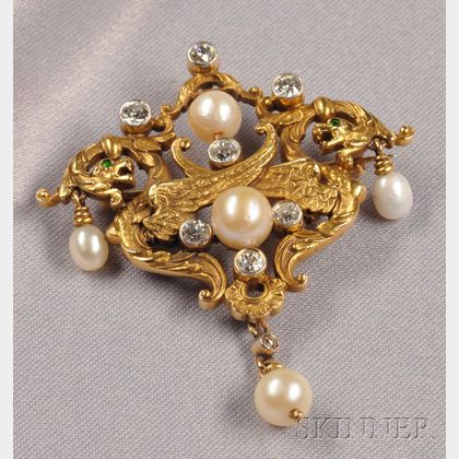 Art Nouveau 14kt Gold, Diamond, and Pearl Pendant/Brooch