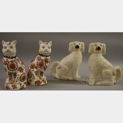 Pair of Staffordshire Seated Spaniels and a Pair of Porcelain Seated Cats