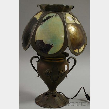 Late Victorian Brass-plated Metal Kerosene Lamp with Bohemian Iridescent Bent Art Glass Panel Shade