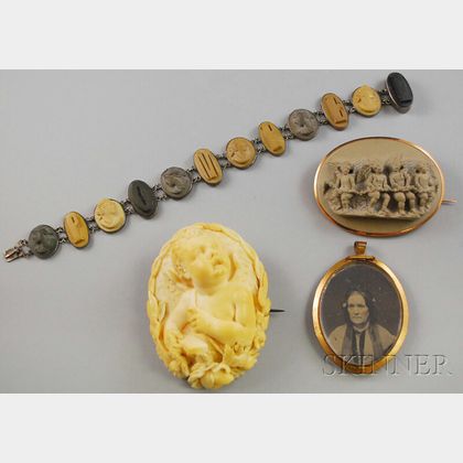 Four Ivory, Lava, and Reverse-painted Glass Jewelry Items