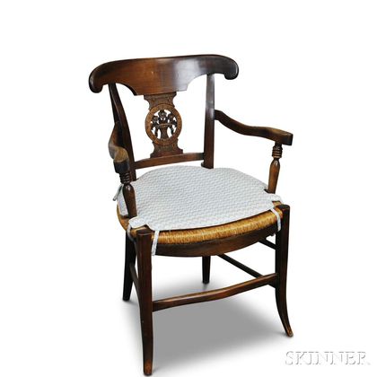 French Provincial Carved Fruitwood and Oak Rush-seat Armchair