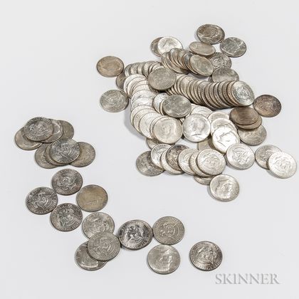 Ninety-two 1964 Kennedy Half Dollars and Twenty Clad Kennedy Half Dollars. Estimate $400-600