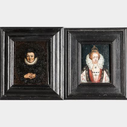 Dutch or Flemish School, 17th Century Two Small Portraits of Women: Queen (Possibly Anne of Denmark)