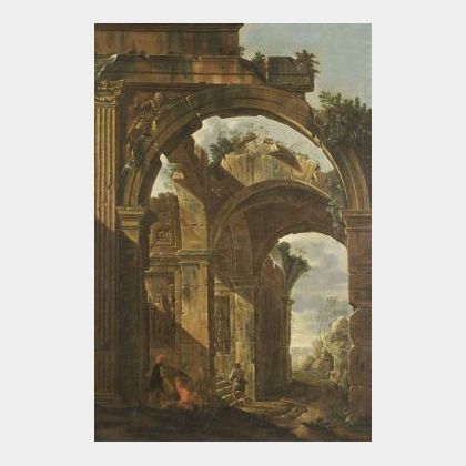 Manner of Leonardo Coccorante (Italian, 1700-1750) Figures Resting by Ruins