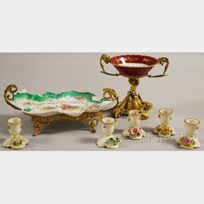 Seven Assorted Continental Gilt-metal and Porcelain Table Articles