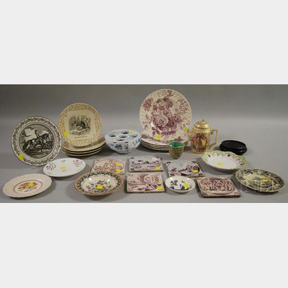 Sixteen Transferware Plates, Five Delft Tiles, a Mottahedeh Delft Bulb Pot, and a Dresden Porcelain Demitasse Pot