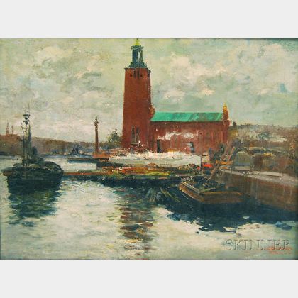Ezelino Briante (Italian, 1901-1970) Stockholm City Hall and Harbor.