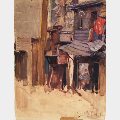 Carl Fahringer (Austrian, 1874-1952) Street View, Probably Turkey, with a Seated Soldier.
