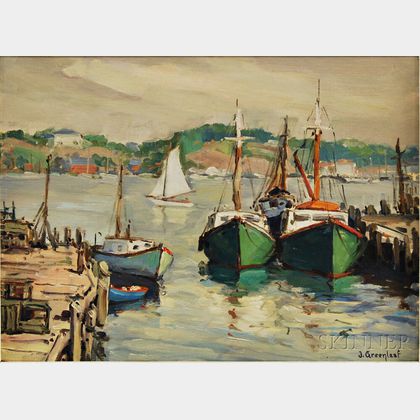 Jacob Greenleaf (American, 1887-1968) Two Green Lobster Boats, Gloucester Harbor