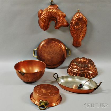 Two Copper Pans, a Spoon, and Five Copper Food Molds. Estimate $200-300