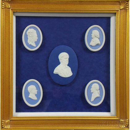 Two Framed Groups of Wedgwood Blue Jasper Medallions