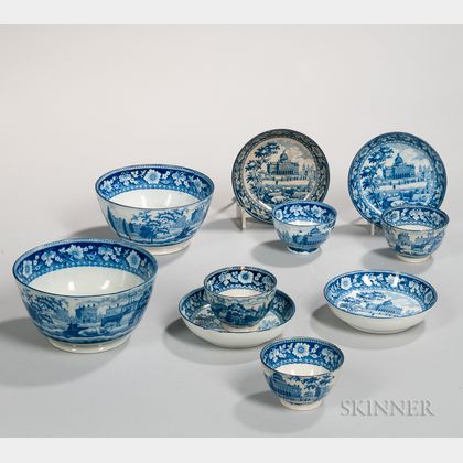 Ten Staffordshire Historical Blue Transfer-decorated Boston State House Table Items