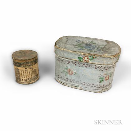 Two Small Bandboxes, a Hollow-cut Silhouette, a Marble Doorstop, and a Cutlery Tray. Estimate $200-400